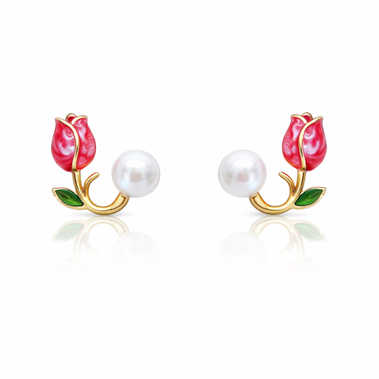 Scarlet Bloom Pearl Earrings